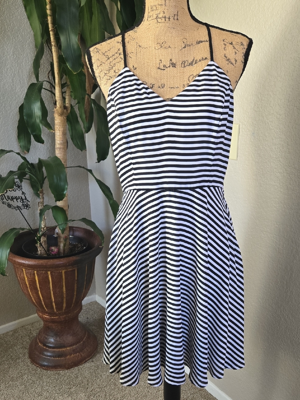 Express Black and White Striped Spaghetti Strap Skater Dress